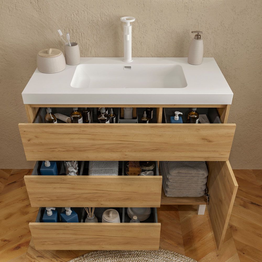 Mueble de baño con patas 3 cajones / 1 puerta CARMEN acabado ROBLE CLARO - Imagen 2