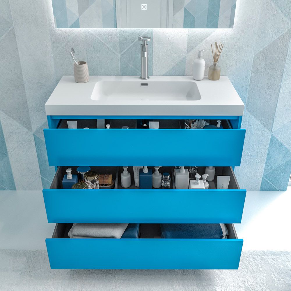 Mueble de baño con patas 3 cajones CARMEN acabado AZUL CLARO - Imagen 2