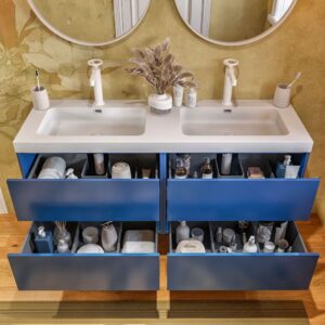 Mueble de baño suspendido 120 cm 4 cajones CARMEN con lavabo doble 2 senos resina acabado AZUL COBALTO