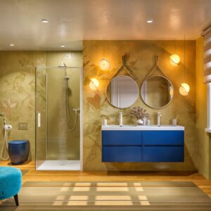 Mueble de baño suspendido 120 cm 4 cajones CARMEN con lavabo doble 2 senos resina acabado AZUL COBALTO