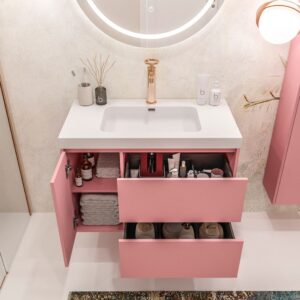 Mueble de baño suspendido 2 cajones / 1 puerta CARMEN con lavabo resina acabado ROSA PALO