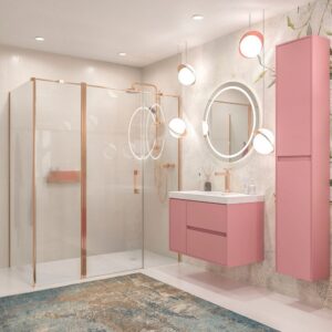 Mueble de baño suspendido 2 cajones / 1 puerta CARMEN con lavabo resina acabado ROSA PALO