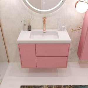 Mueble de baño suspendido 2 cajones / 1 puerta CARMEN con lavabo resina acabado ROSA PALO