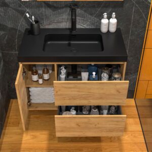 Mueble de baño suspendido 2 cajones / 1 puerta CARMEN con lavabo resina acabado ROBLE CLARO