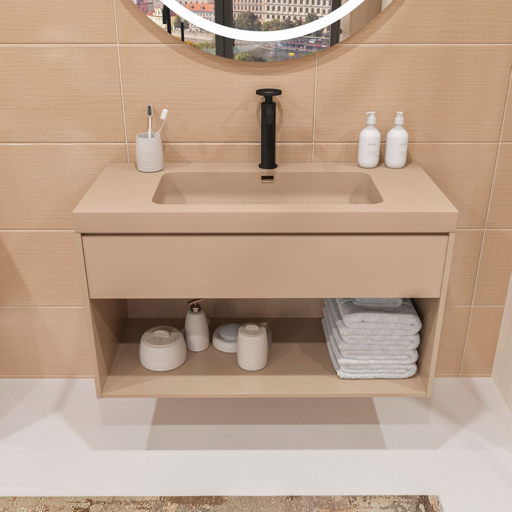 Mueble de baño suspendido 1 cajón / 1 hueco CARMEN con lavabo resina acabado MOKA - Imagen 3