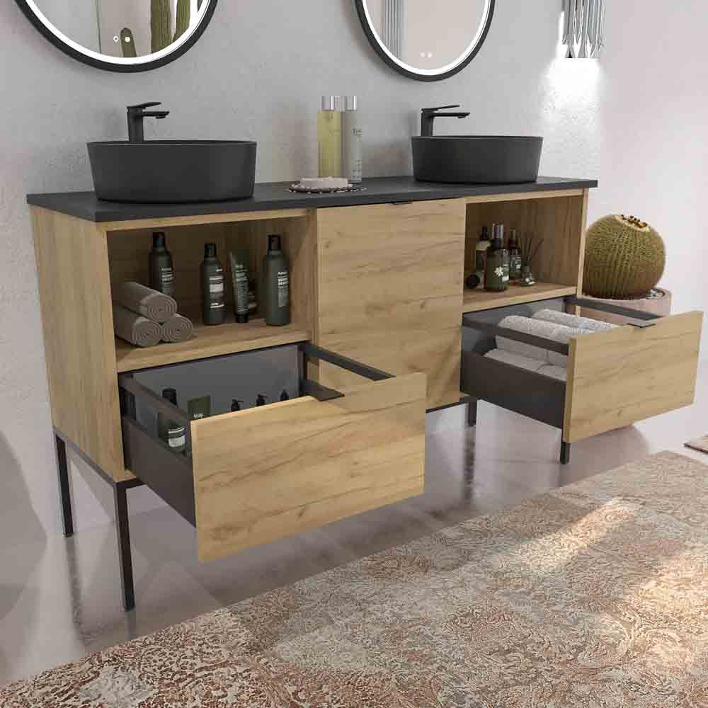 Mueble de baño ELLA con patas 2 cajones - 1 puerta con tapa SOLID SURFACE acabado ROBLE CLARO - Imagen 7