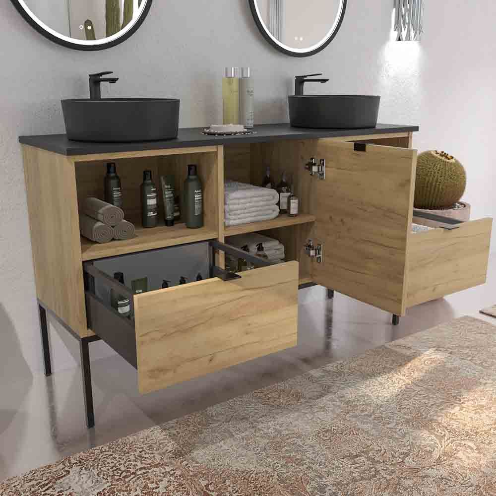 Mueble de baño ELLA con patas 2 cajones - 1 puerta con tapa SOLID SURFACE acabado ROBLE CLARO - Imagen 6
