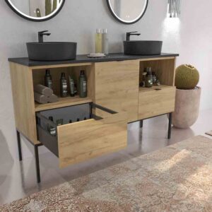 Mueble de baño ELLA con patas 2 cajones - 1 puerta con tapa SOLID SURFACE acabado ROBLE CLARO