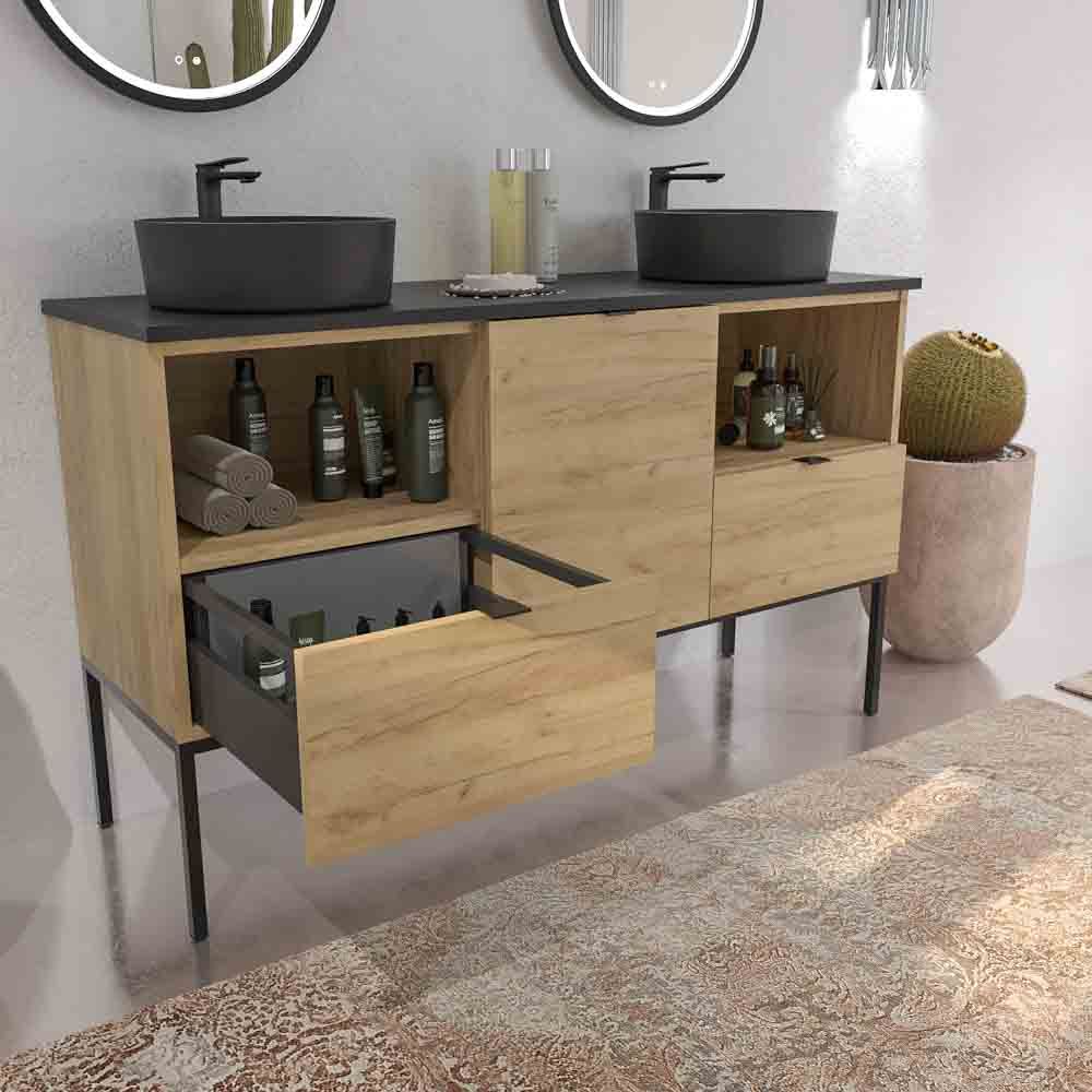 Mueble de baño ELLA con patas 2 cajones - 1 puerta con tapa SOLID SURFACE acabado ROBLE CLARO - Imagen 5