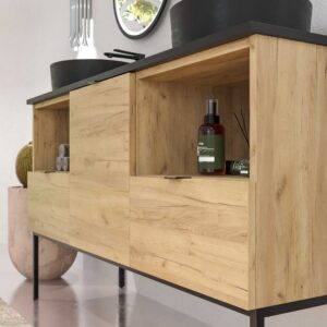 Mueble de baño ELLA con patas 2 cajones - 1 puerta con tapa SOLID SURFACE acabado ROBLE CLARO