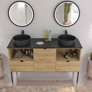 Mueble de baño ELLA con patas 2 cajones - 1 puerta con tapa SOLID SURFACE acabado ROBLE CLARO