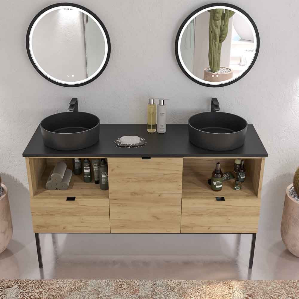Mueble de baño ELLA con patas 2 cajones - 1 puerta con tapa SOLID SURFACE acabado ROBLE CLARO