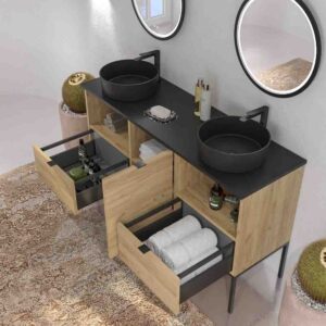 Mueble de baño ELLA con patas 2 cajones - 1 puerta con tapa SOLID SURFACE acabado ROBLE CLARO