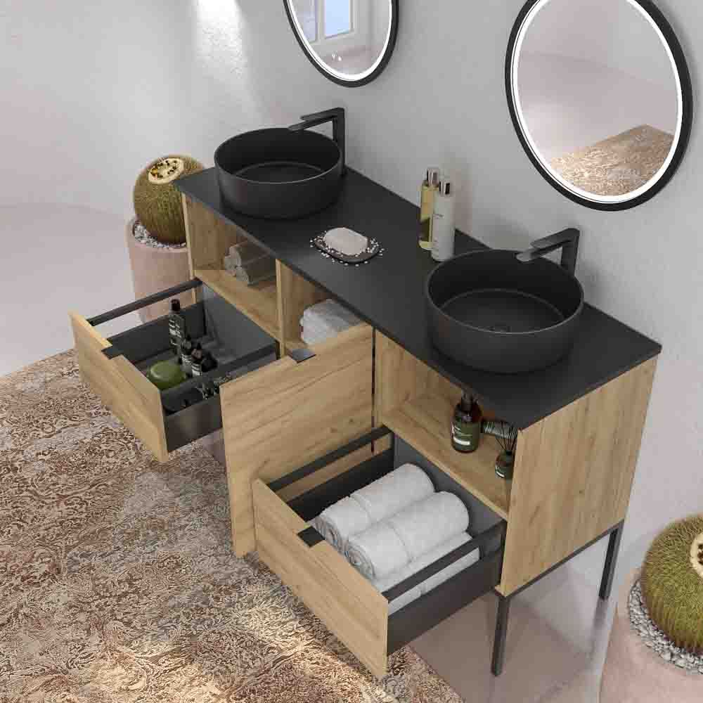 Mueble de baño ELLA con patas 2 cajones - 1 puerta con tapa SOLID SURFACE acabado ROBLE CLARO - Imagen 3