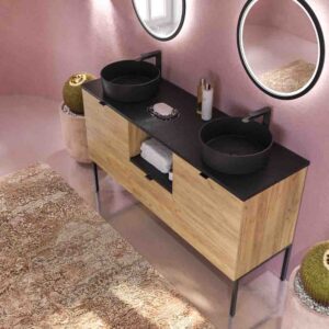 Mueble de baño ELLA con patas 1 cajón - 2 puertas con tapa SOLID SURFACE acabado ROBLE CLARO