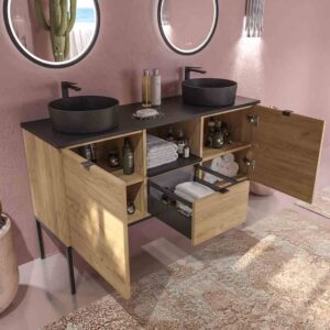 Mueble de baño ELLA con patas 1 cajón - 2 puertas con tapa SOLID SURFACE acabado ROBLE CLARO
