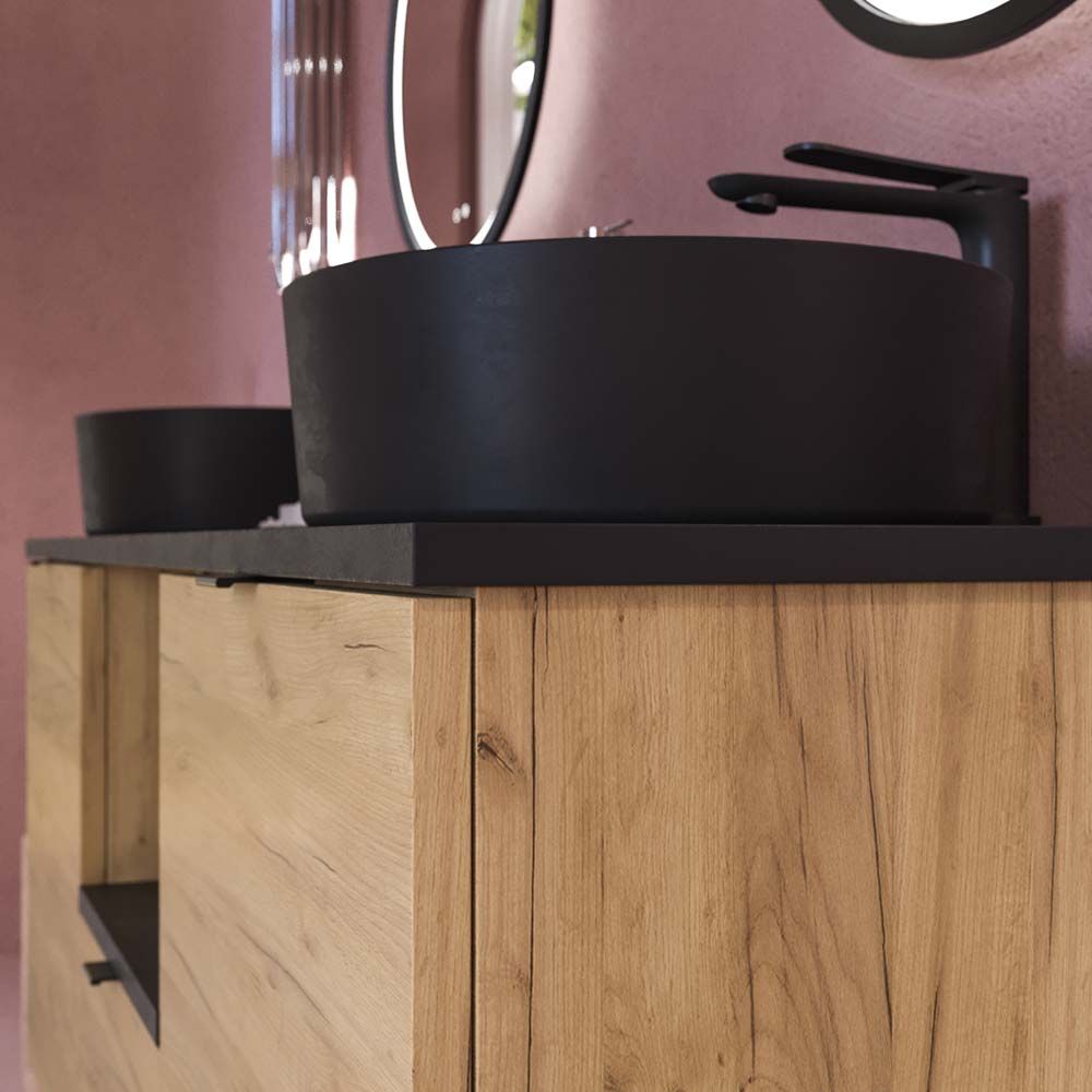 Mueble de baño ELLA con patas 1 cajón - 2 puertas con tapa SOLID SURFACE acabado ROBLE CLARO - Imagen 3