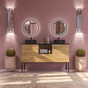 Mueble de baño ELLA con patas 1 cajón - 2 puertas con tapa SOLID SURFACE acabado ROBLE CLARO