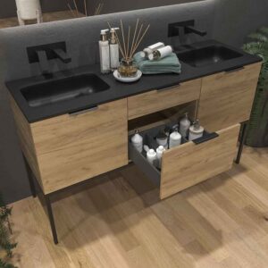 Mueble de baño ELLA con patas 2 cajones - 2 puertas con encimera SOLID SURFACE 2 senos ROBLE CLARO