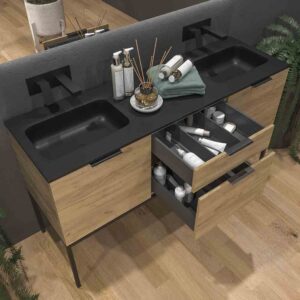 Mueble de baño ELLA con patas 2 cajones - 2 puertas con encimera SOLID SURFACE 2 senos ROBLE CLARO
