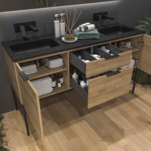 Mueble de baño ELLA con patas 2 cajones - 2 puertas con encimera SOLID SURFACE 2 senos ROBLE CLARO