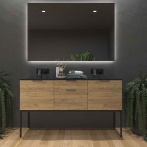 Mueble de baño ELLA con patas 2 cajones - 2 puertas con encimera SOLID SURFACE 2 senos ROBLE CLARO