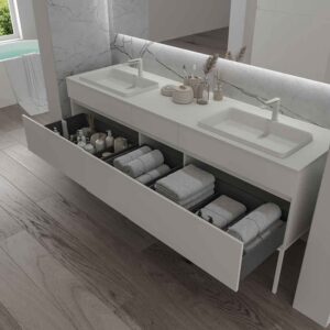 Mueble de baño DUNE con patas 6 cajones con encimera SOLID SURFACE 2 senos