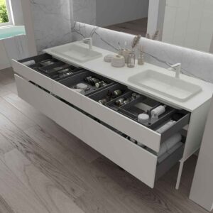 Mueble de baño DUNE con patas 6 cajones con encimera SOLID SURFACE 2 senos