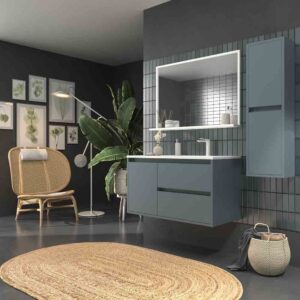 Mueble de baño suspendido 2 cajones / 1 puerta CLAIRE con lavabo Solid Surface GRIS AZULADO