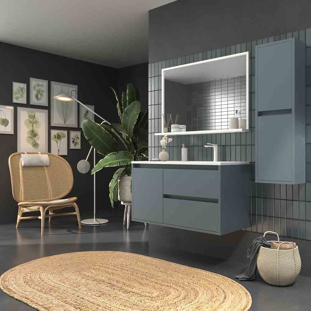 Mueble de baño suspendido 2 cajones / 1 puerta CLAIRE con lavabo Solid Surface GRIS AZULADO - Imagen 7