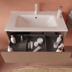 Mueble de baño suspendido 2 cajones CLAIRE con lavabo Solid Surface PARDO PALIDO