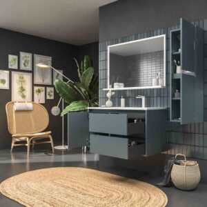 Mueble de baño suspendido 2 cajones / 1 puerta CLAIRE con lavabo Solid Surface GRIS AZULADO
