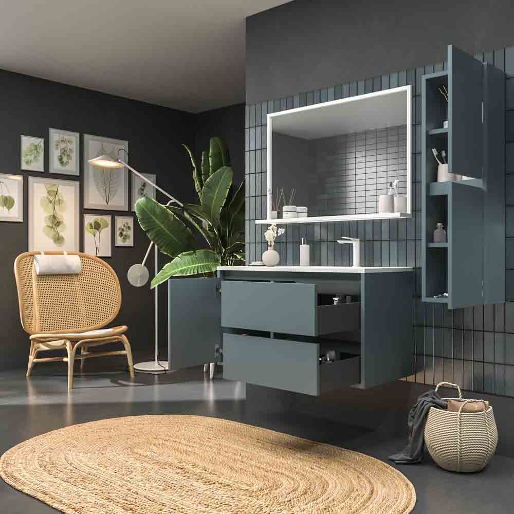 Mueble de baño suspendido 2 cajones / 1 puerta CLAIRE con lavabo Solid Surface GRIS AZULADO - Imagen 6