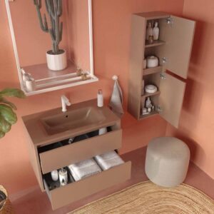 Mueble de baño suspendido 2 cajones CLAIRE con lavabo Solid Surface PARDO PALIDO