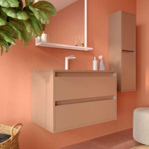 Mueble de baño suspendido 2 cajones CLAIRE con lavabo Solid Surface PARDO PALIDO