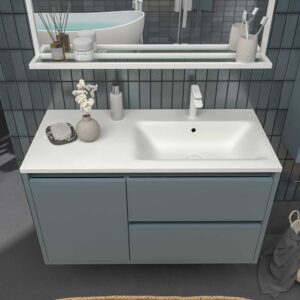 Mueble de baño suspendido 2 cajones / 1 puerta CLAIRE con lavabo Solid Surface GRIS AZULADO