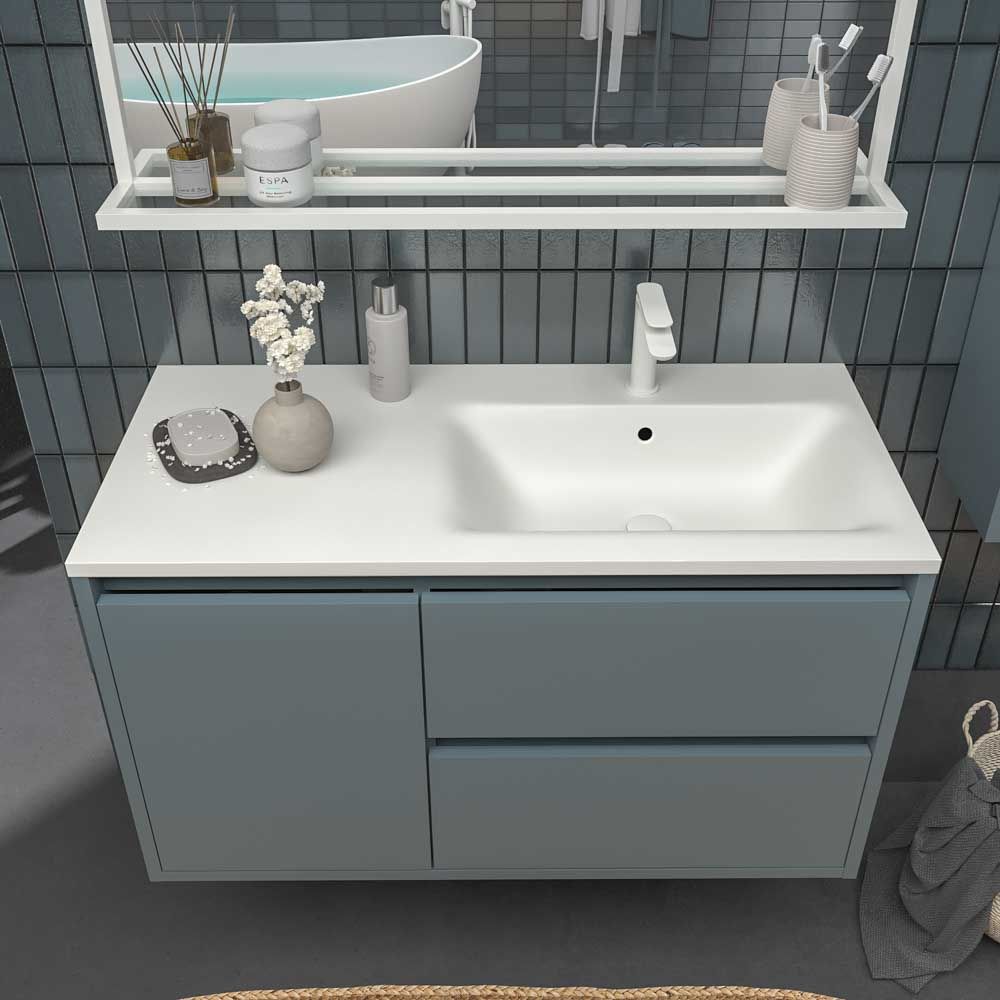 Mueble de baño suspendido 2 cajones / 1 puerta CLAIRE con lavabo Solid Surface GRIS AZULADO - Imagen 5
