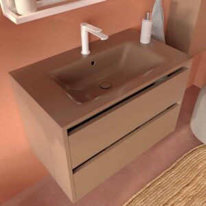 Mueble de baño suspendido 2 cajones CLAIRE con lavabo Solid Surface PARDO PALIDO