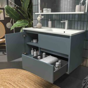 Mueble de baño suspendido 2 cajones / 1 puerta CLAIRE con lavabo Solid Surface GRIS AZULADO