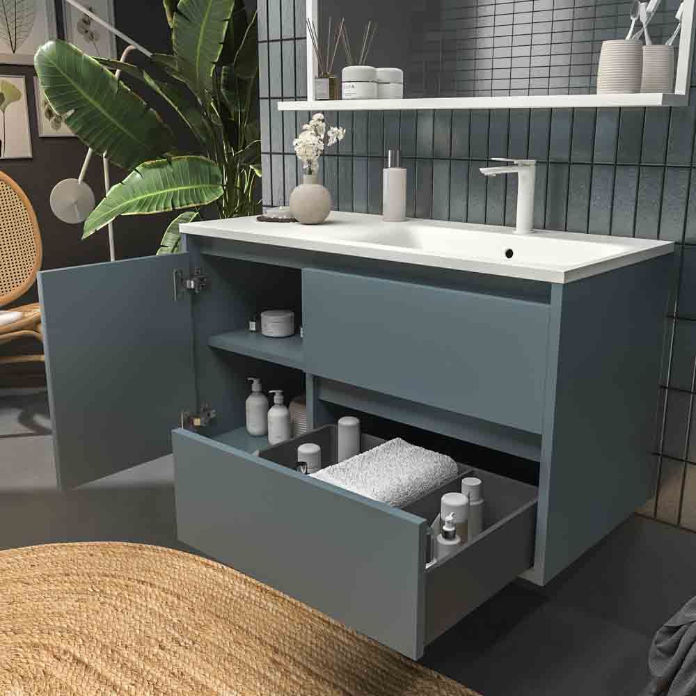 Mueble de baño suspendido 2 cajones / 1 puerta CLAIRE con lavabo Solid Surface GRIS AZULADO - Imagen 4