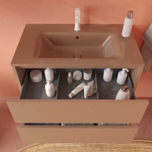 Mueble de baño suspendido 2 cajones CLAIRE con lavabo Solid Surface PARDO PALIDO