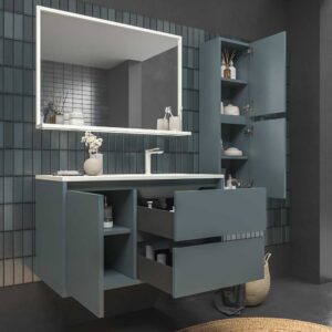 Mueble de baño suspendido 2 cajones / 1 puerta CLAIRE con lavabo Solid Surface GRIS AZULADO