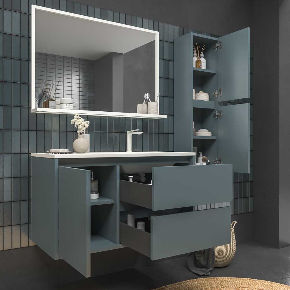 Mueble de baño suspendido 2 cajones / 1 puerta CLAIRE con lavabo Solid Surface GRIS AZULADO - Imagen 3