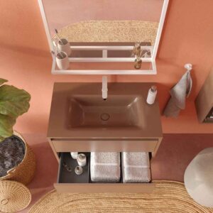 Mueble de baño suspendido 2 cajones CLAIRE con lavabo Solid Surface PARDO PALIDO