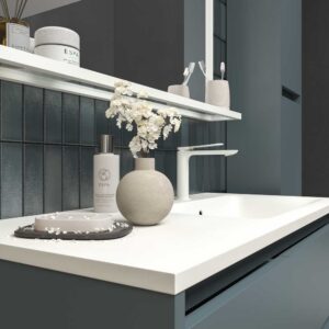 Mueble de baño suspendido 2 cajones / 1 puerta CLAIRE con lavabo Solid Surface GRIS AZULADO