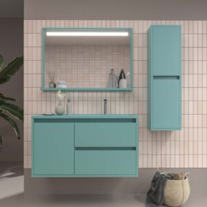 Mueble de baño suspendido 2 cajones / 1 puerta CLAIRE con lavabo Solid Surface TURQUESA