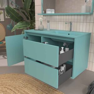 Mueble de baño suspendido 2 cajones / 1 puerta CLAIRE con lavabo Solid Surface TURQUESA