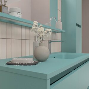 Mueble de baño suspendido 2 cajones / 1 puerta CLAIRE con lavabo Solid Surface TURQUESA