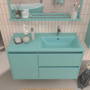 Mueble de baño suspendido 2 cajones / 1 puerta CLAIRE con lavabo Solid Surface TURQUESA