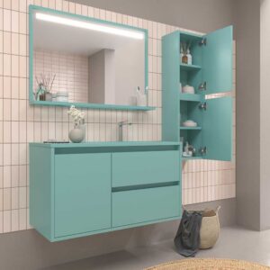 Mueble de baño suspendido 2 cajones / 1 puerta CLAIRE con lavabo Solid Surface TURQUESA